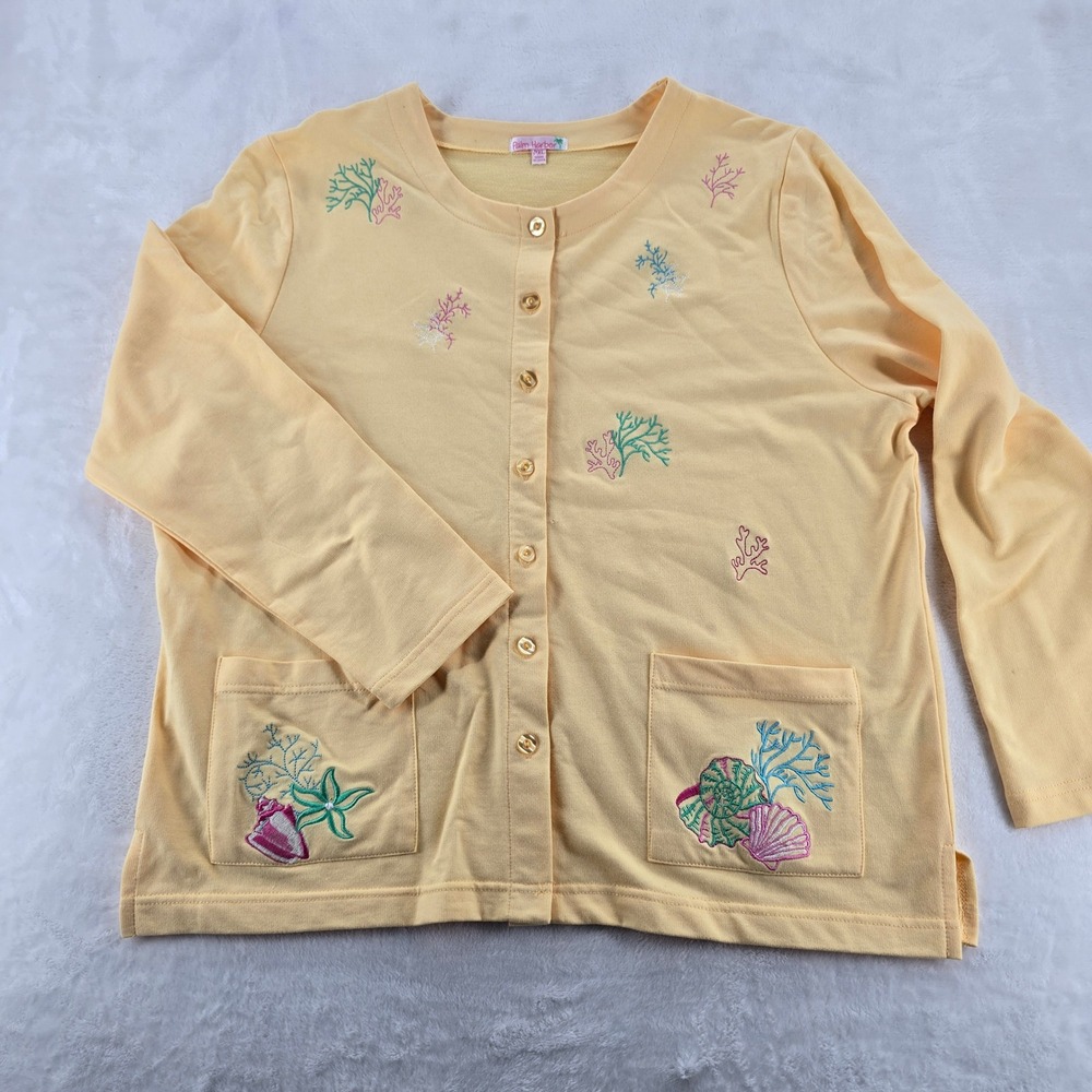 Palm Harbor Cardigan Womens PXL Coastal Embroidered Yellow Button Up Pockets